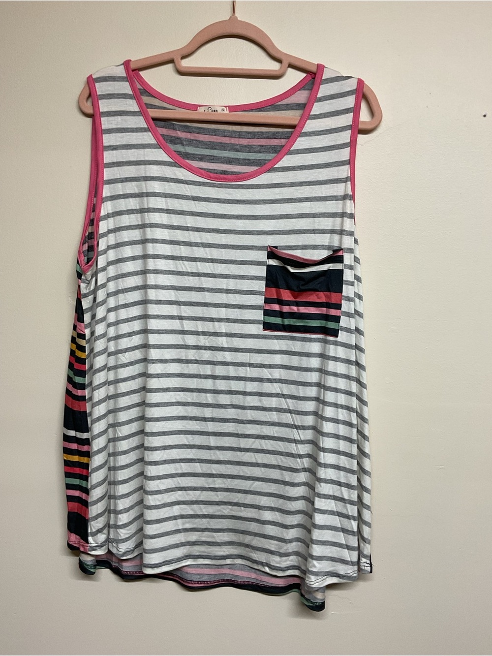 Women's Gray & White Striped Tank with Pink Trim and Pocket Detail